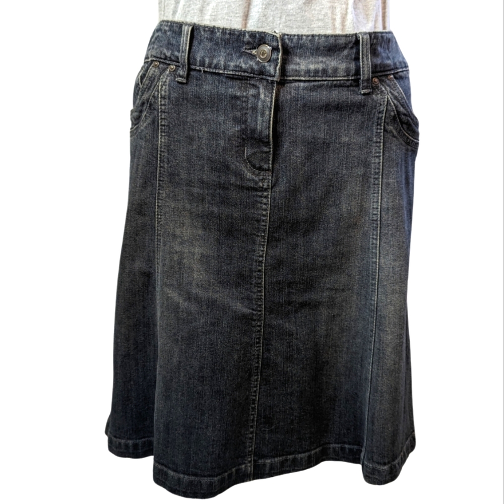 Contrast sz13 vintage distressed denim mid- length A-line skirt EUC